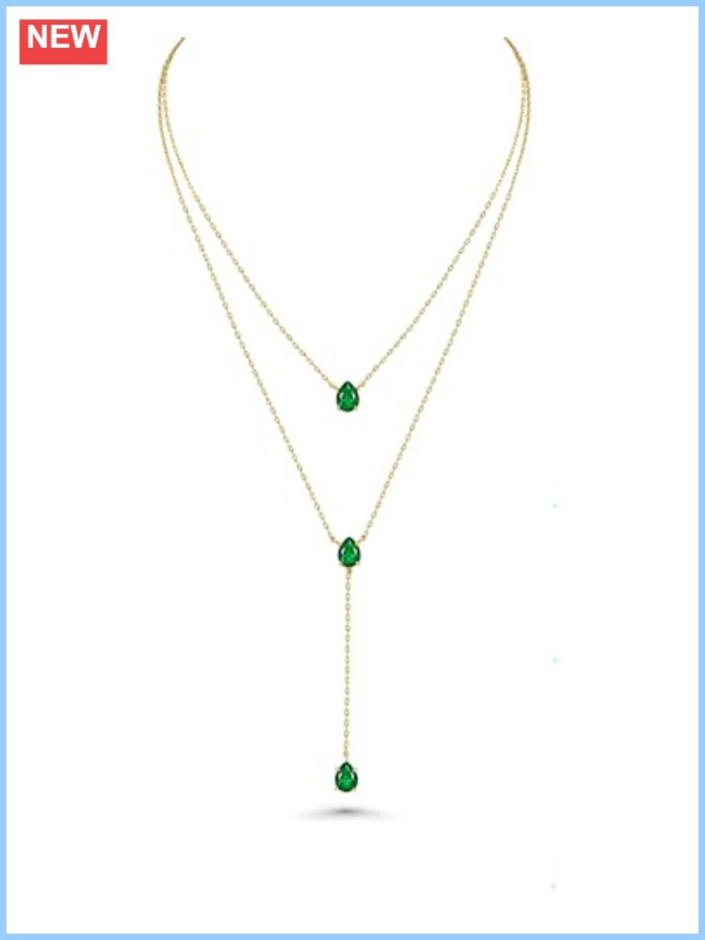 18K Gold Plated Layered Necklace Y Pendant Emerald Teardrop CZ Women